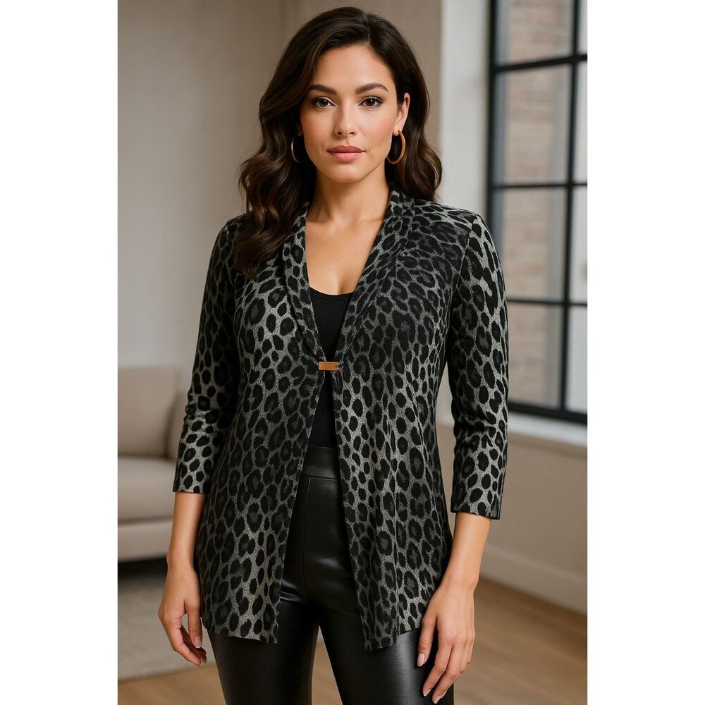 AB Studio Leopard Print Cardigan Black Gray Medium Lightweight Knit Open Front - Picture 2 of 9